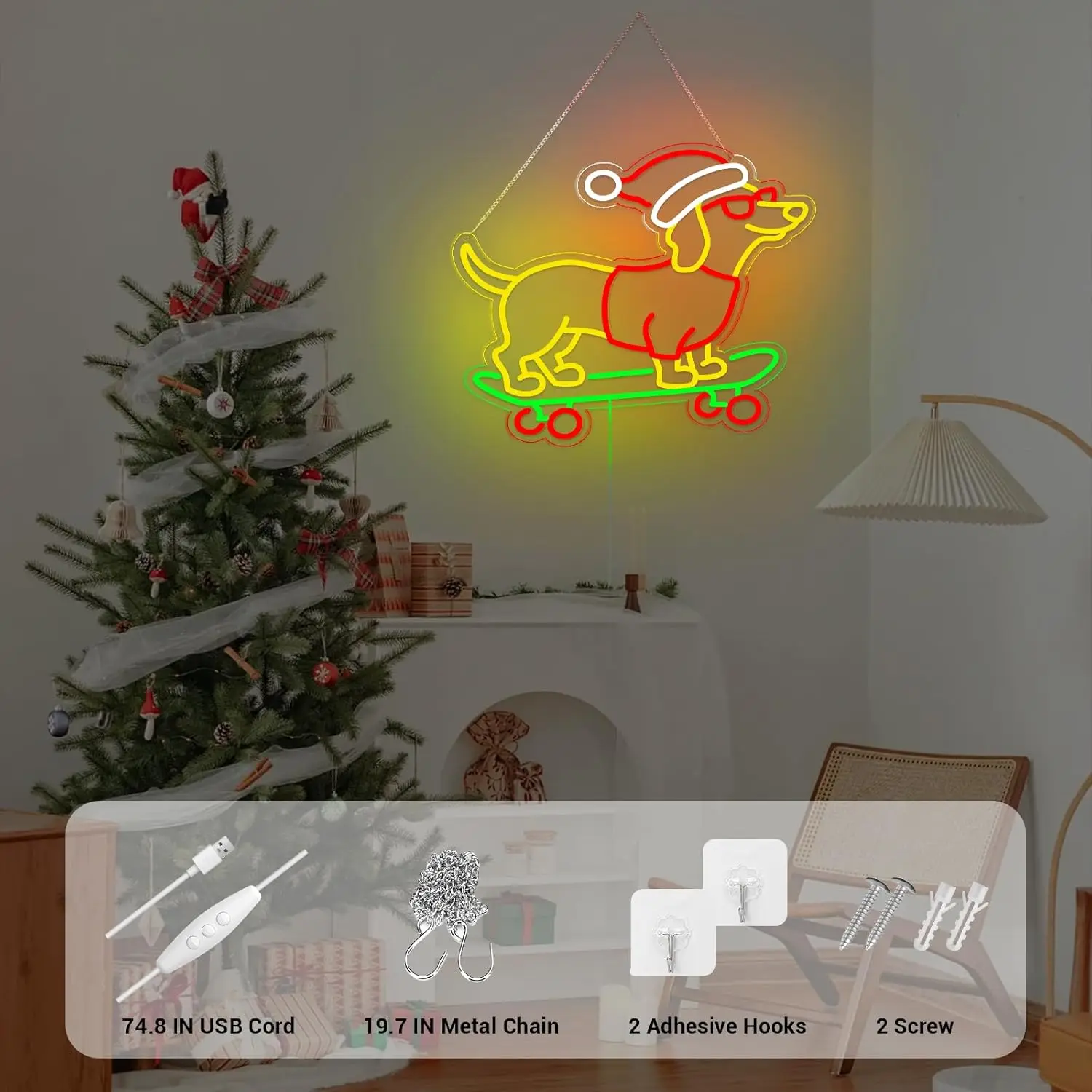 Sausage Skateboard Dog Neon Light Sign for Bedroom Wall Window Decor Dimmable LED Cute Neon Light for Pet Store Ski Resort Decor
