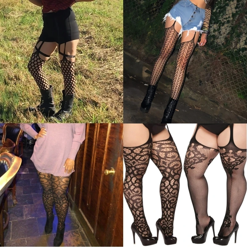 Plus Size Fishnet Stocking Garter Sexy Women Tight Open Crotch High Waist Lingerie Fishnet Pantyhose Crotchless Mesh Tight