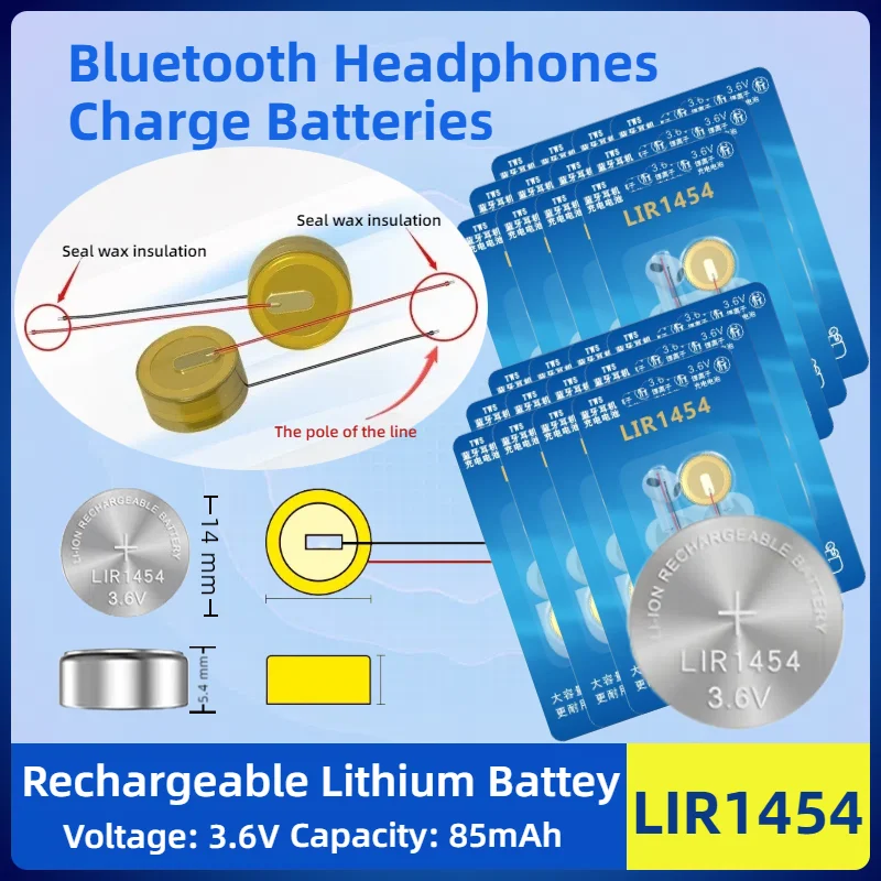 

High Performance 3.6V 85mAh LIR1454 Rechargeable Li-ion Battery Steel Shell for TWS Bluetooth Headset Earphone 1454 Cell