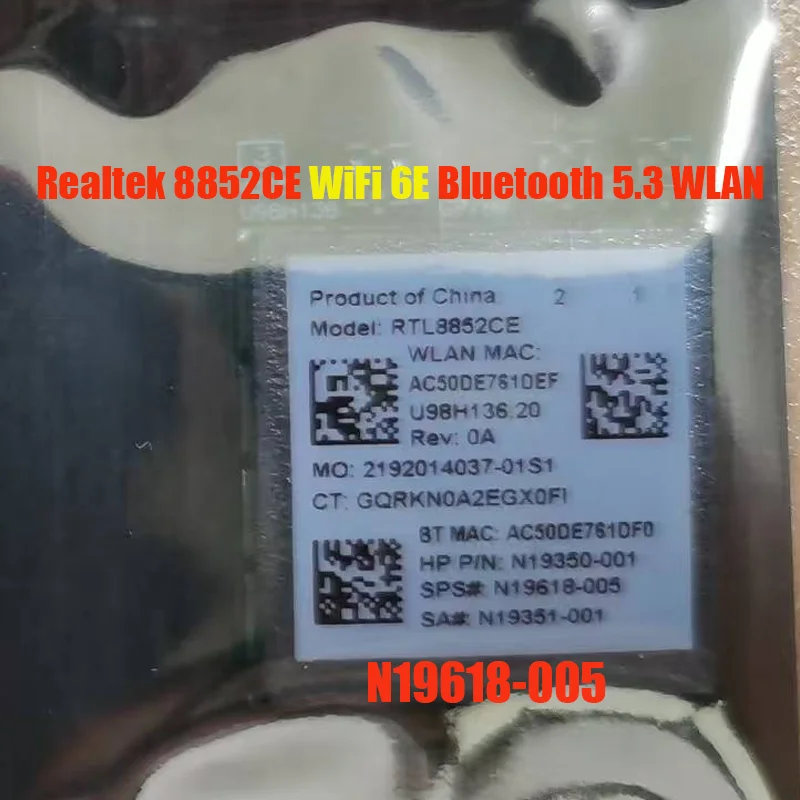 

N19618-005 WiFi 6E RTL8852CE M.2 Network Card BT5.3 5400Mbps Tri Band 2.4G/5G/6Ghz Wireless Receiver Adapter for Laptop Win10/1