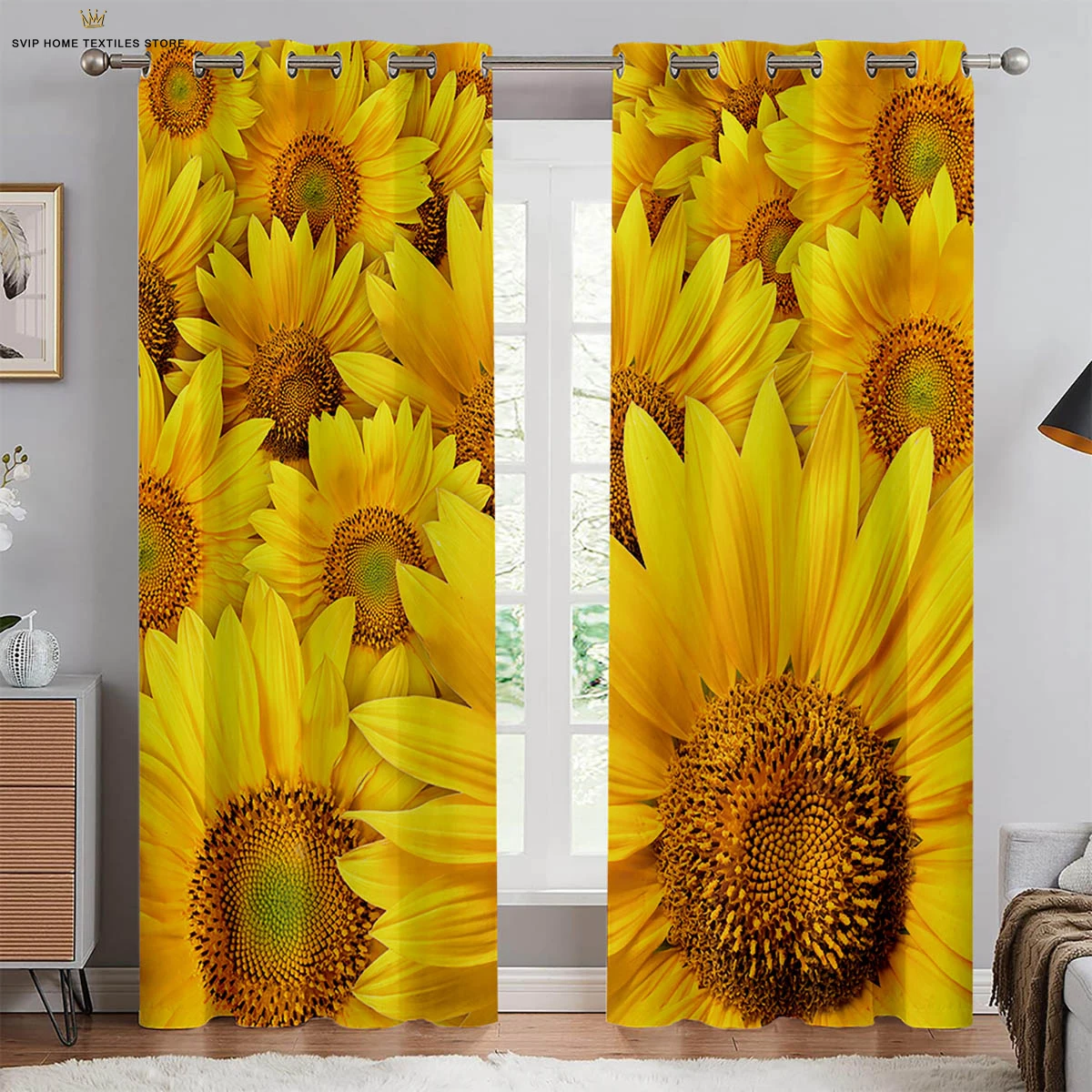 Sunflower Retro Floral Print Curtains, Pastoral Style Curtains, Bedroom, Living Room, Homestay, Decorative, Can Be Customize,