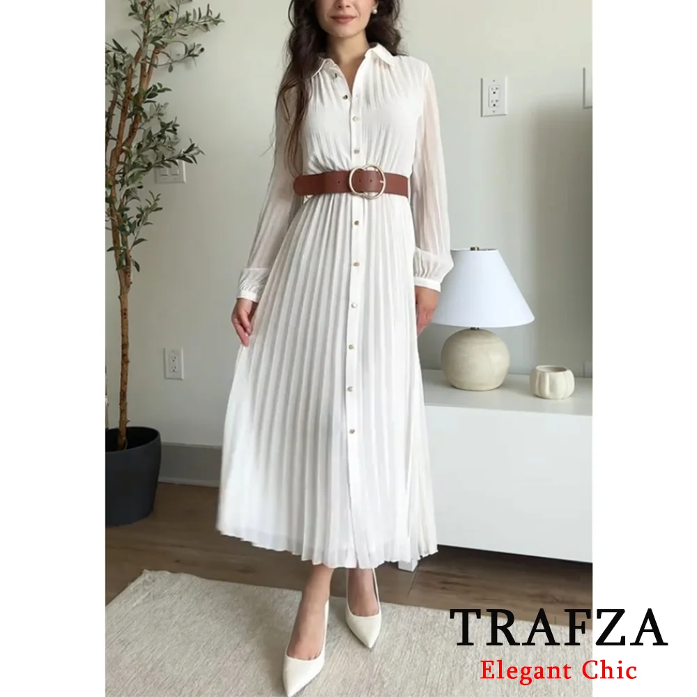 TRAFZA Fashion Autumn Women's Clothing 2024 NEW Casual Temperament Elegant With Belt Midi Pleated Shirt Dress 8372/089