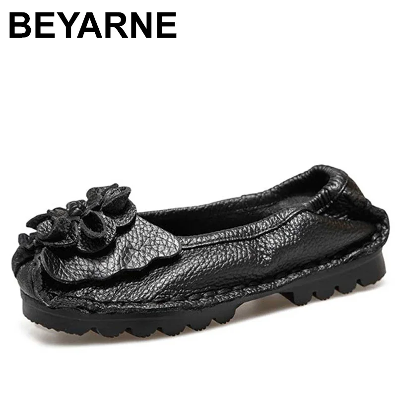 BEYARNE Soft Genuine Leather Flat Shoes Women Flats with Flowers Ladies Shoes Women Designers Loafers Slip On