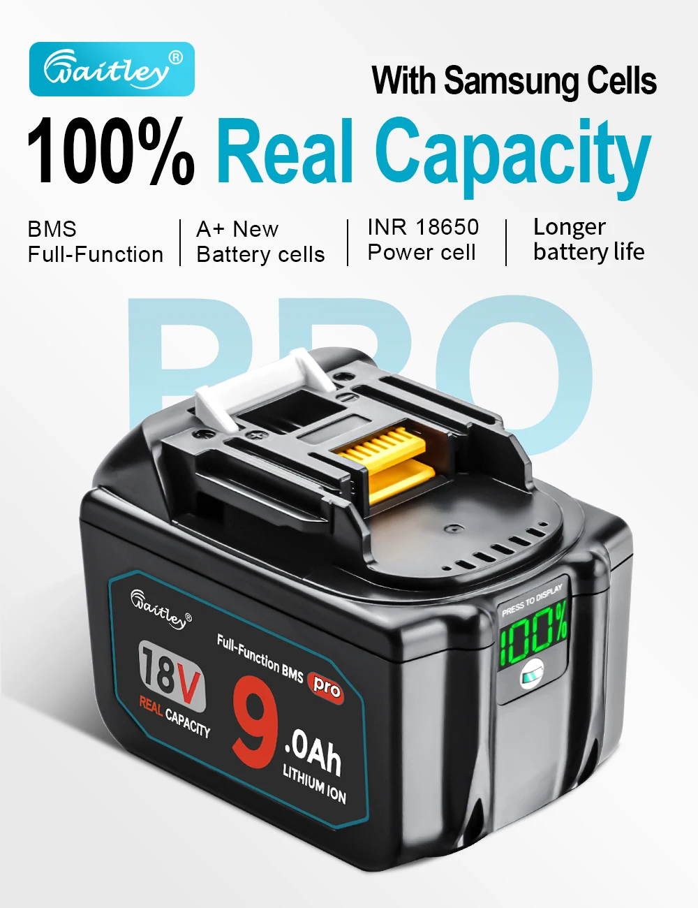 2PCS Waitley 9Ah Batterie Pro Für Makita 18V Power Tools Wiederaufladbare batterien Mit Samsung zellen/Ersatz Zubehör – Detail 3