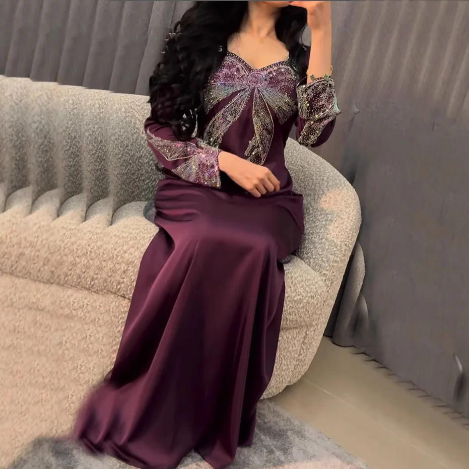 ホットダイヤモンド光沢のある高級中東ドバイローブローブ婦人服無地サテンドレス外国貿易春の新 Cw86801