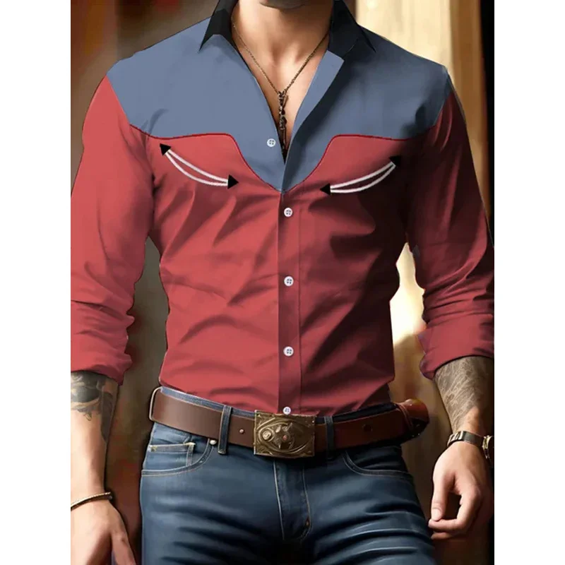New men's Long Sleeved Shirt  Western Denim Shirt  Retro Outdoor Vacation Collar  3D Kitten Print men's Clothing Top