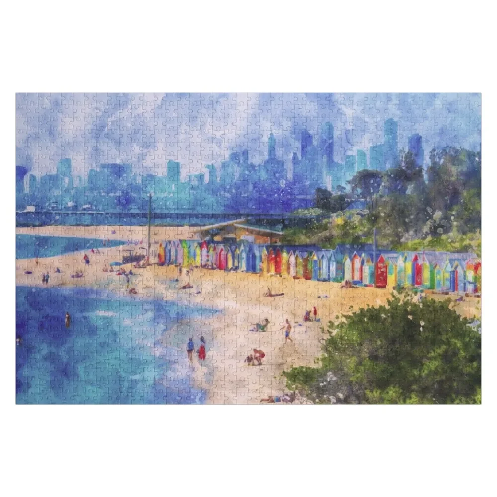 

The Bath Huts at Brighton Beach Watercolor Jigsaw Puzzle Personalized Kids Gifts Toddler Toys Name Wooden Toy Puzzle