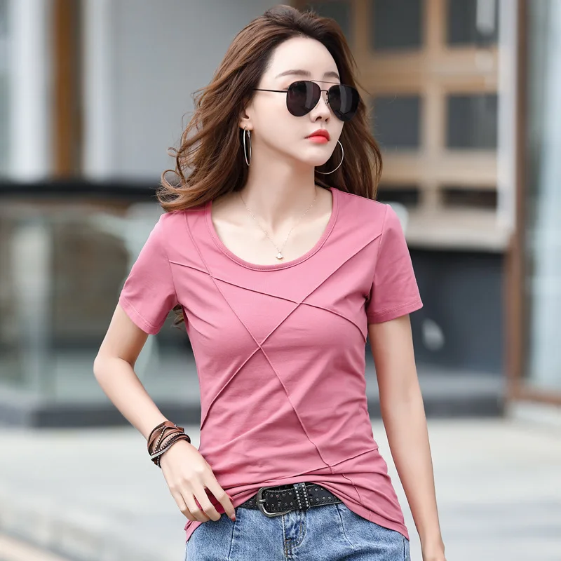 #0286 Short Sleeve T Shirt Women Cotton Split Joint Slim Solid Color Short Tshirt Female Round Neck Streetwear Womens Tee Shirts