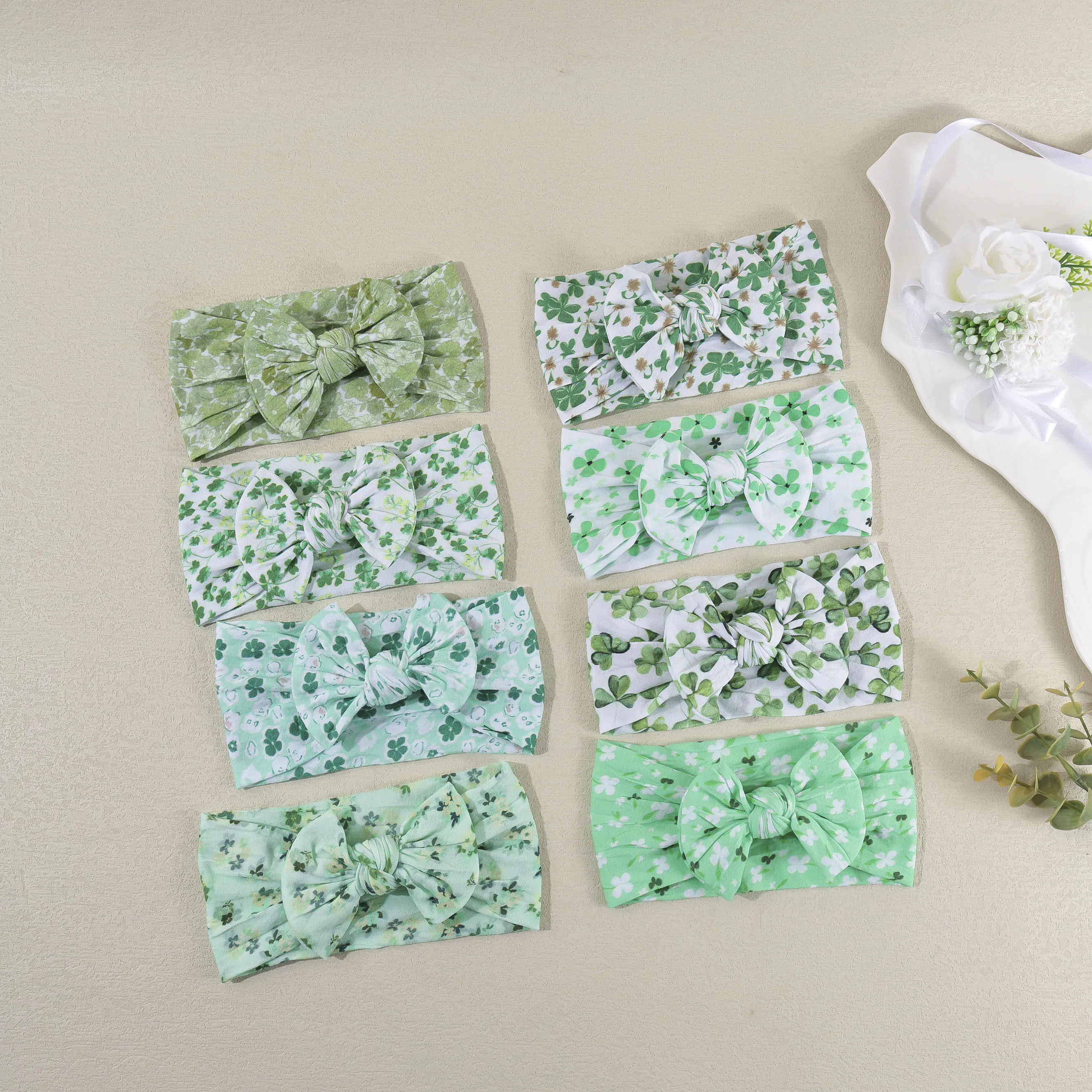 20pcs Green Floral Print Nylon Headbands Elastic Baby HeadWraps Soft St. Patrick's Day Kid Girl Bulk Pack