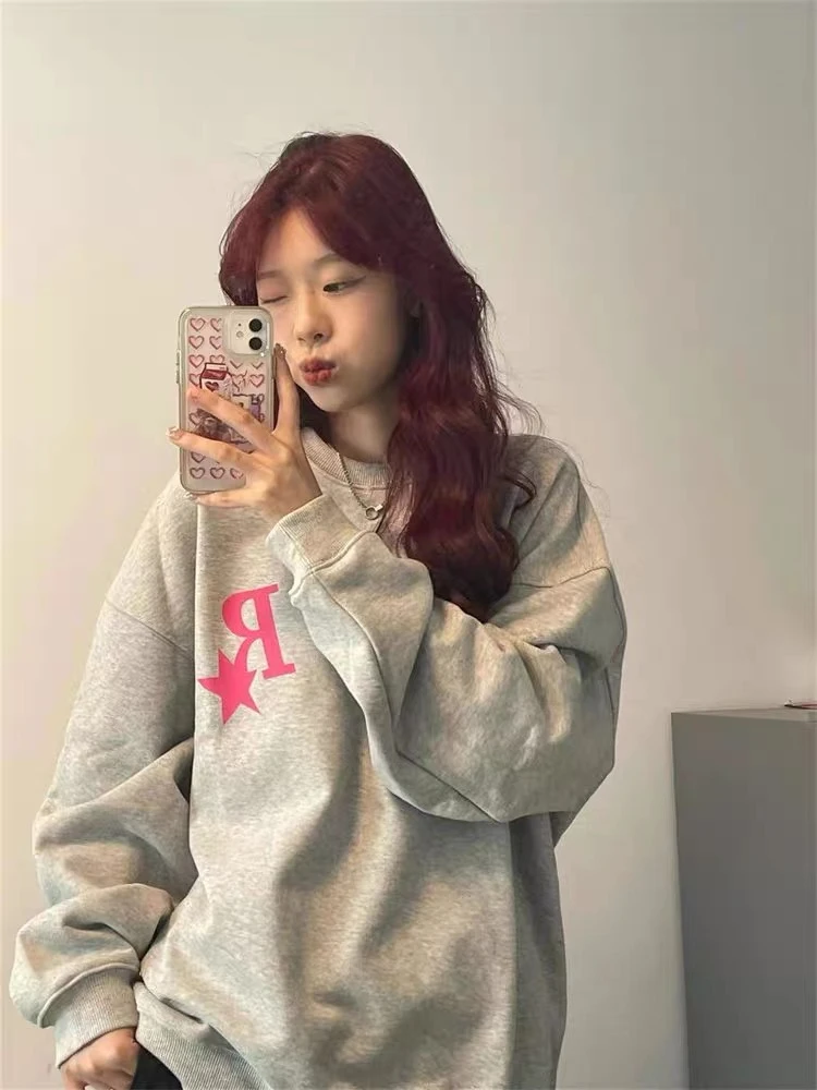 Summer Women's Oversized Hoodies Sweatshirts Long Sleeve Star Letters Printed Gray Shirt Loose Comfortable Trend Couple Coat