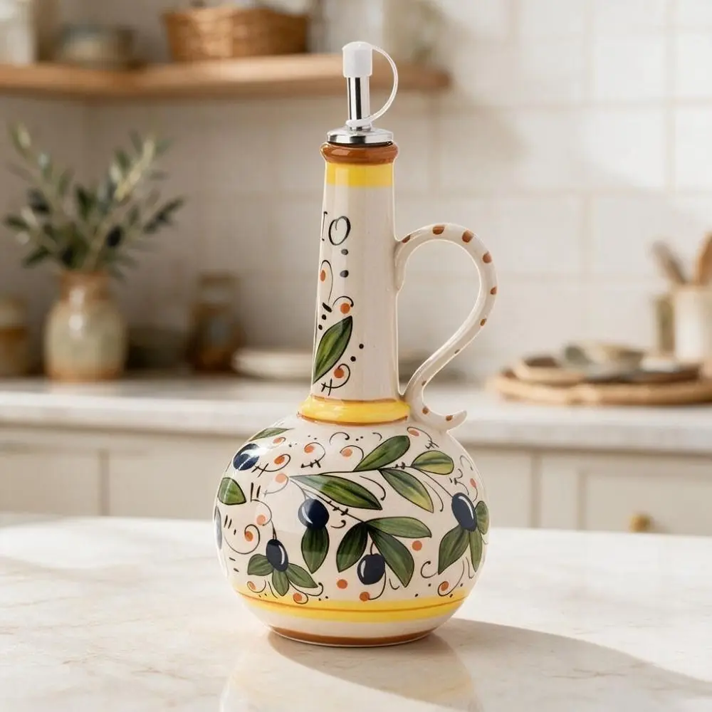European-style Olive Oil Dispenser Under-glazed with Dust Lid Vinegar Bottle Ceramic Refillable Soy Sauce Bottle Cooking