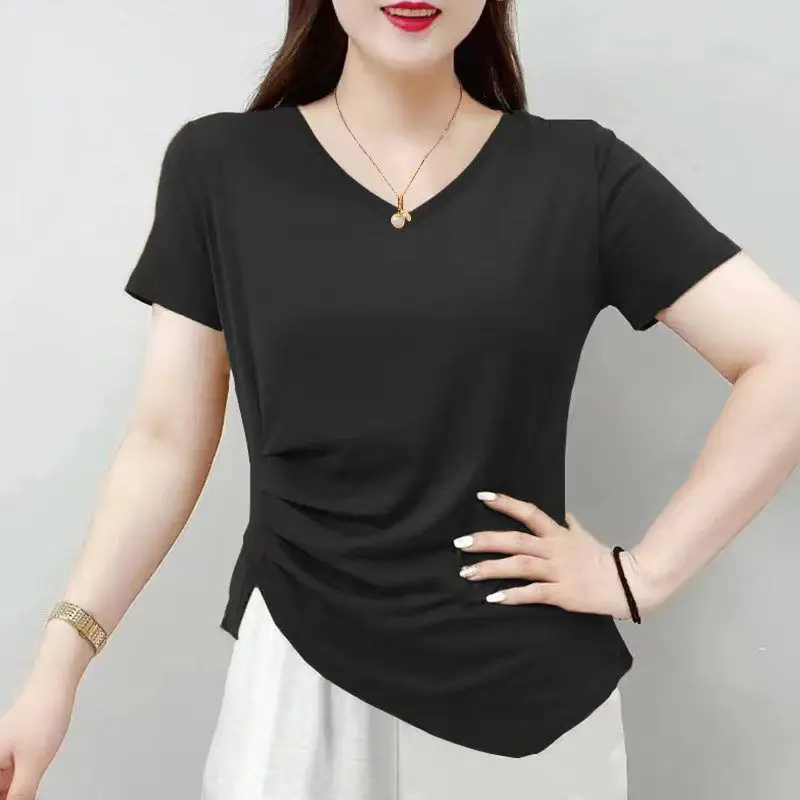 Summer New Elegant Fashion V-neck Short Sleeved T-shirt Women\'s Solid Asymmetric Patchwork Slim Versatile Folds Pure Cotton Top