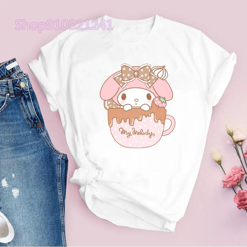 Camiseta My Melody para mujer, Camiseta estampada de dibujos animados, camiseta gráfica de Manga corta, ropa Kawaii de Manga