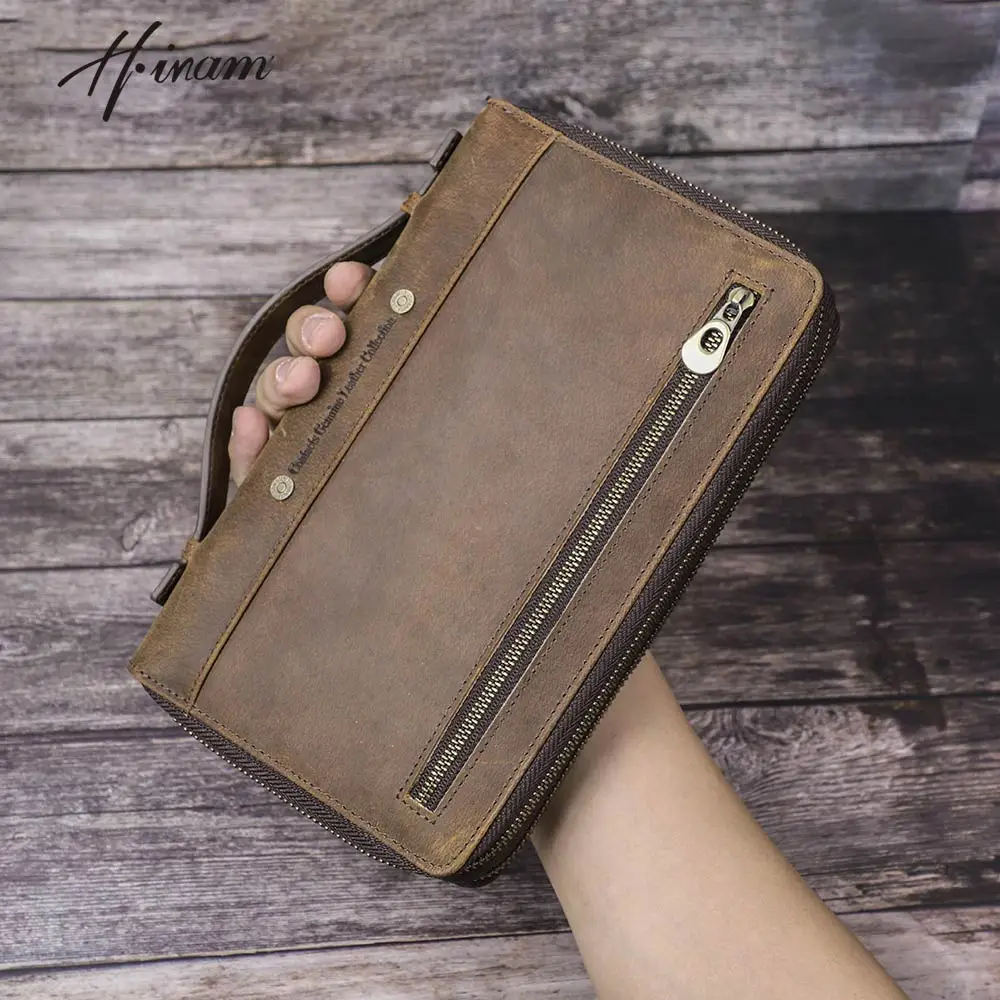 Crazy Horse Cowhide Leather Men Clutch Bags Wallet Wrist Long Purse Handy Pocket Male Large Capacity Multifunction Wallets Male