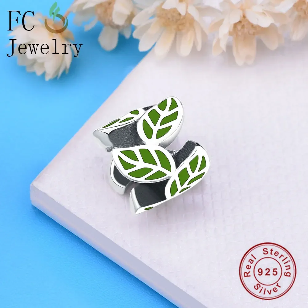 FC Jewelry Fit Original Brand Charms Bracelet 925 Sterling Silver Green Enamel Leaf Spacer Bead Berloque DIY For Making 2018