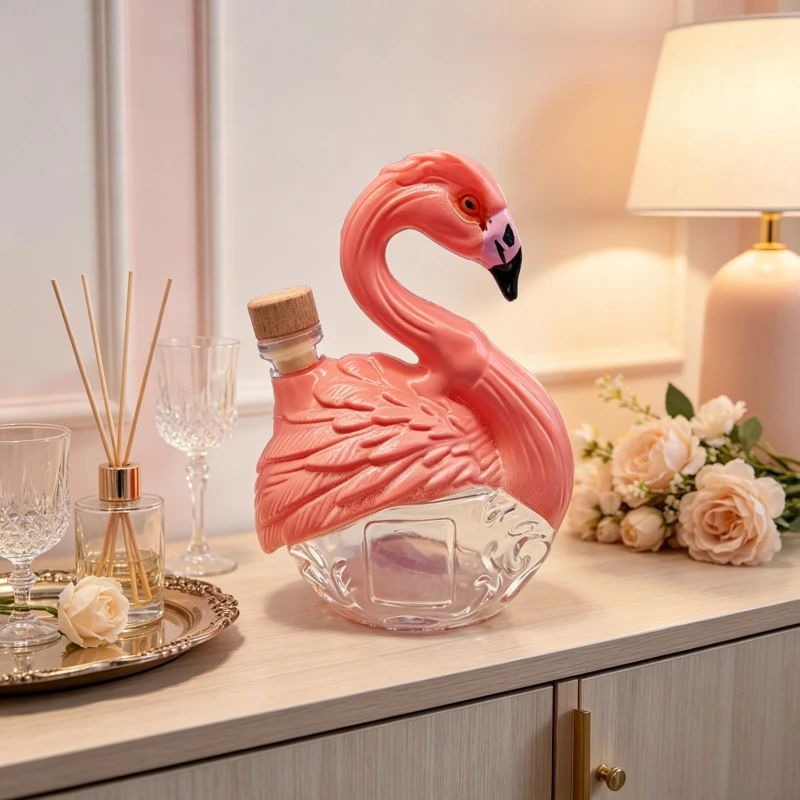 Creative Pink Flamingo Glass Decanter with Cork Stopper Decorative Whiskey Liquor Bottle for Home Bar Display