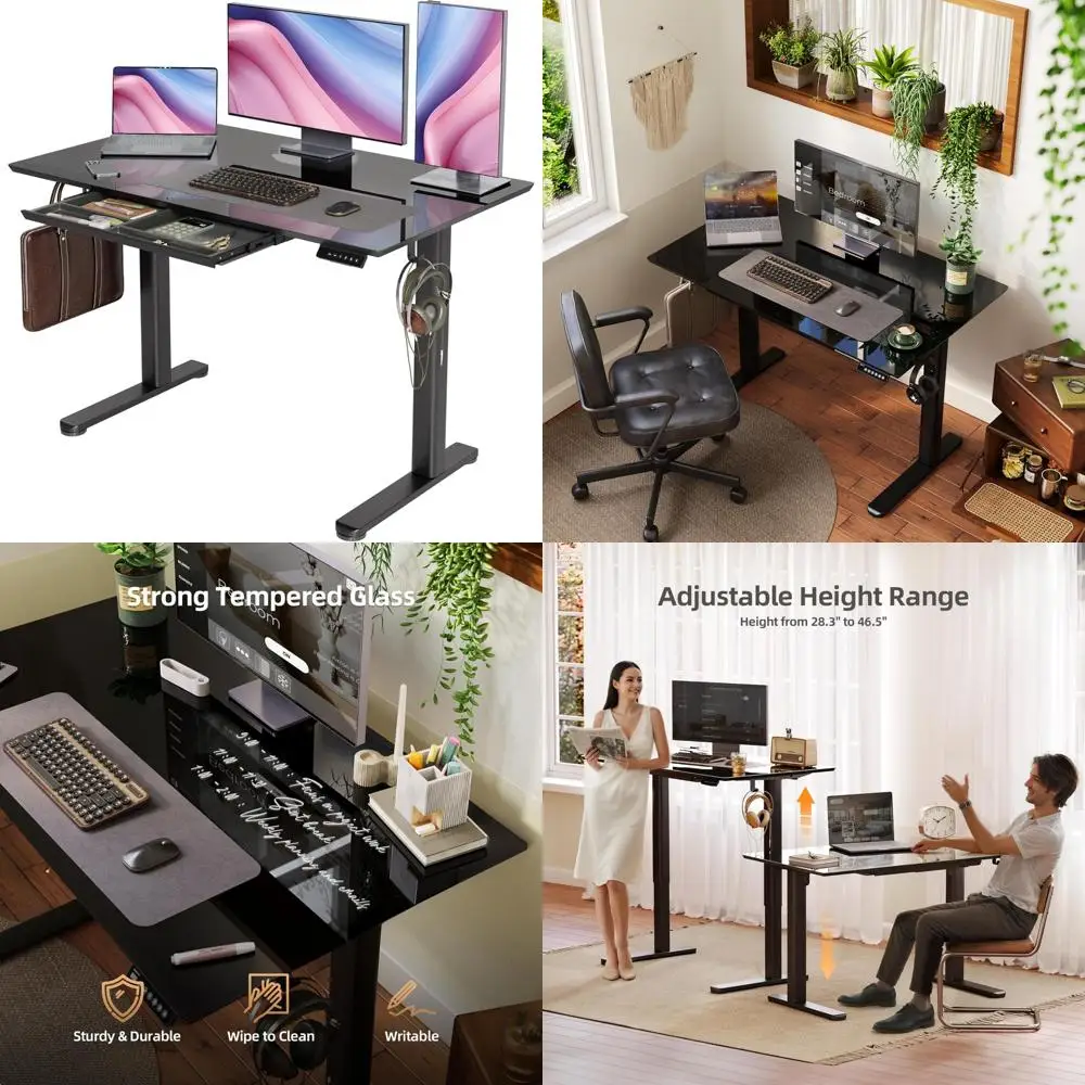Adjustable Height Stand Up Desk, 48x24 Inch, Drawers Included, Quick Assembly, Black Home Office Computer Desk for Ergonomic Wor