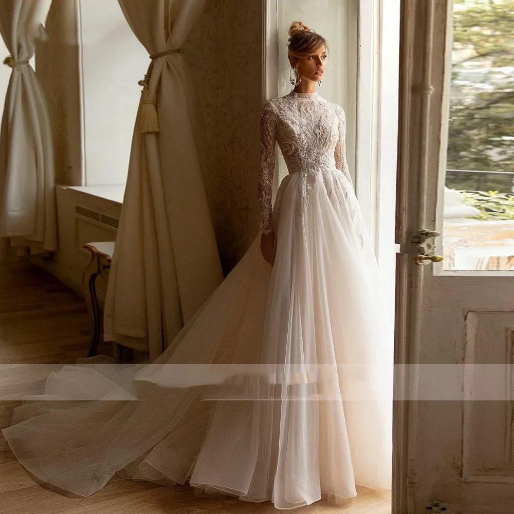 Flavinke فساتين زفاف فاخرة مخصصة على شكل حرف a رقبة عالية وأكمام طويلة فيستدو دي نوفيا دانتيل مطرزة فستان زفاف دقيق