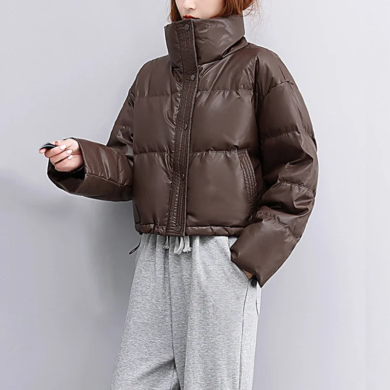 2025, Damen-Jacke, verdickt, Stehkragen, Baumwolle, gefüttert, einreihig, Tasche, lässig, Daunenmantel, Winter, warm, locker, kurzer Mantel, Herbst