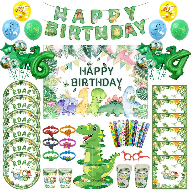 Dinosaur Birthday Party Decorations Green Jungle Safari Paper Napinks Cups Plates Supplies Dino Number Balloons Baby Shower Kids