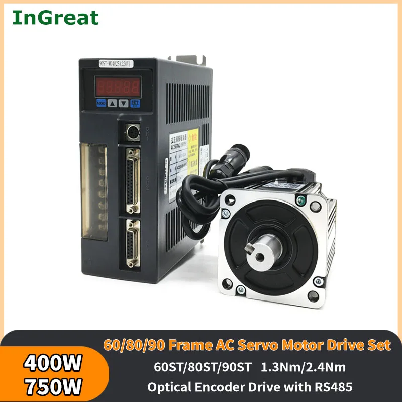 

400W/750W AC 220V Servo Motor Drive Set 3000RPM 1.27Nm/2.39Nm 80ST-M02430/60ST-M01330 RS485 3/5/10m Cable 2500 Line 60mm/80mm