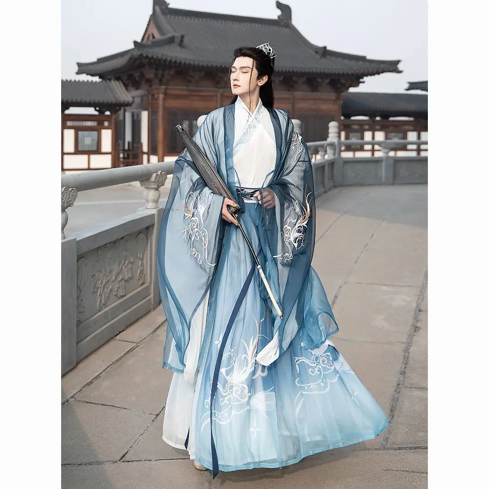 Blue Hanfu male chivalrals ancient Chinese wind Qi Qing skirt Wei Jin wind spring and autumn Chinese style hanfu feminino هانفو