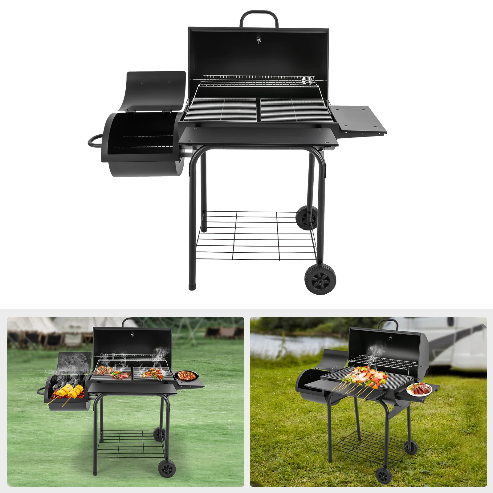 Freistehender Outdoor-Holzkohlegrill aus legiertem Stahl, 147*70*126cm, mit Thermometer und Grillgittern für Picknicks, Grillabende und Camping. – Detail 4