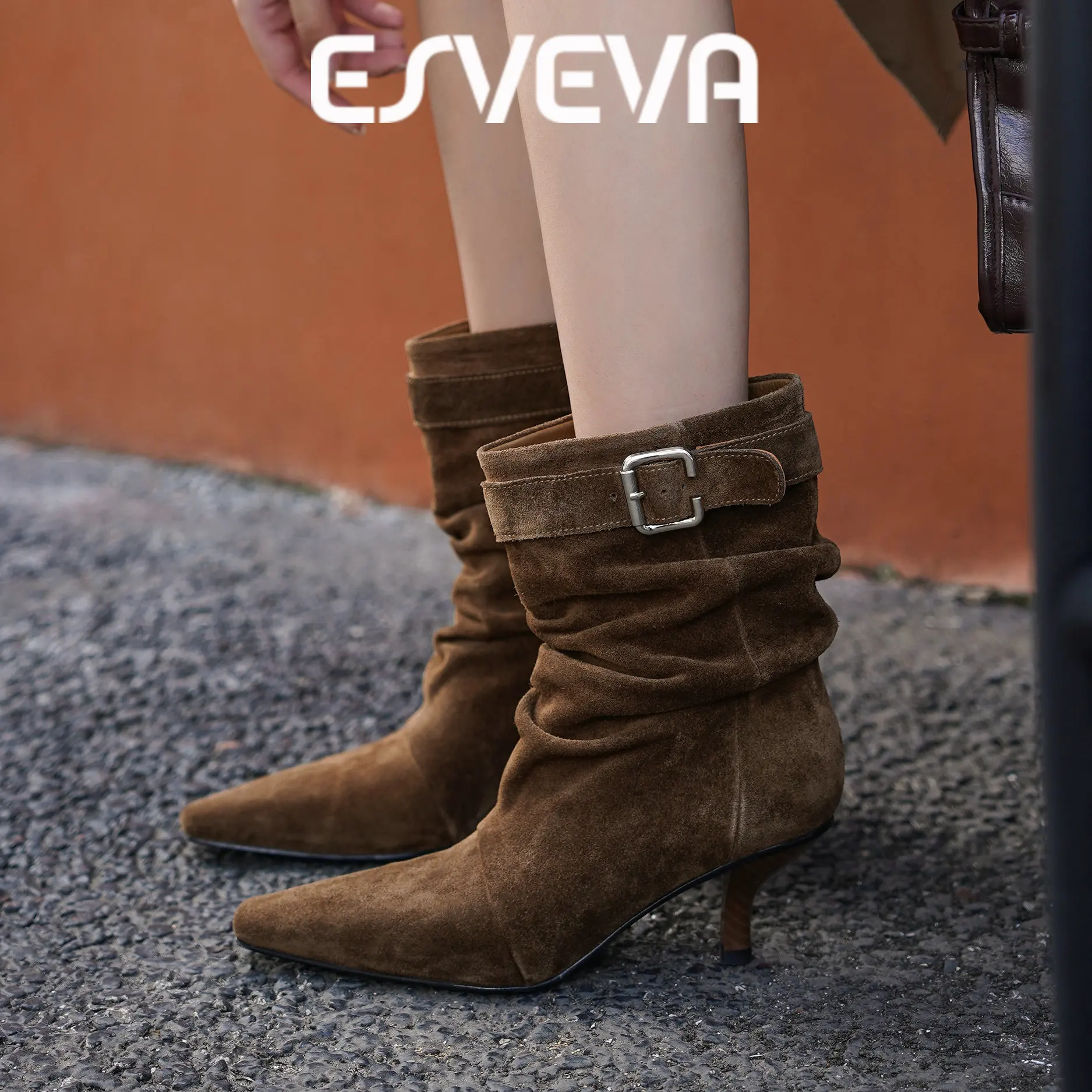 ESVEVA 2027 Fashion Cow Suede Winter Women Ankle Boots High Heels Lady Pointed Toe Shoes Wrinkled Sexy Dress Short Boots 34-40