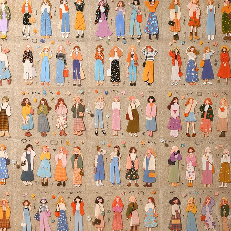 

Mr. Paper Cute Character Stickers 50 sheets/pack Cartoon Girl Fashion Wear Tie Wire Circle Stickers Book Booklet Record Expenses