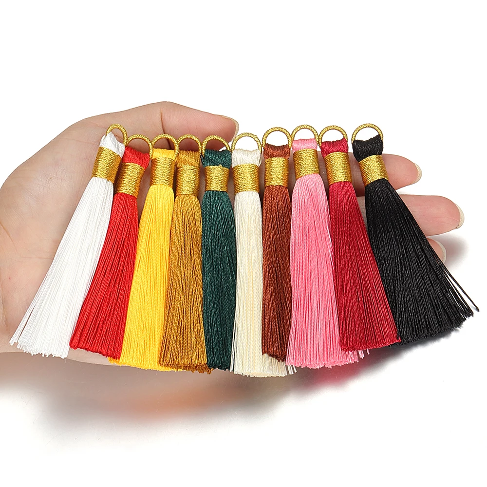 10 sztuk 8cm długi na jedwabnym sznurku Tassel szczotka złoty kolor przewód pionowe Tassel Charms wisiorek dla tworzenia biżuterii kolczyki DIY naszyjnik ustalenia