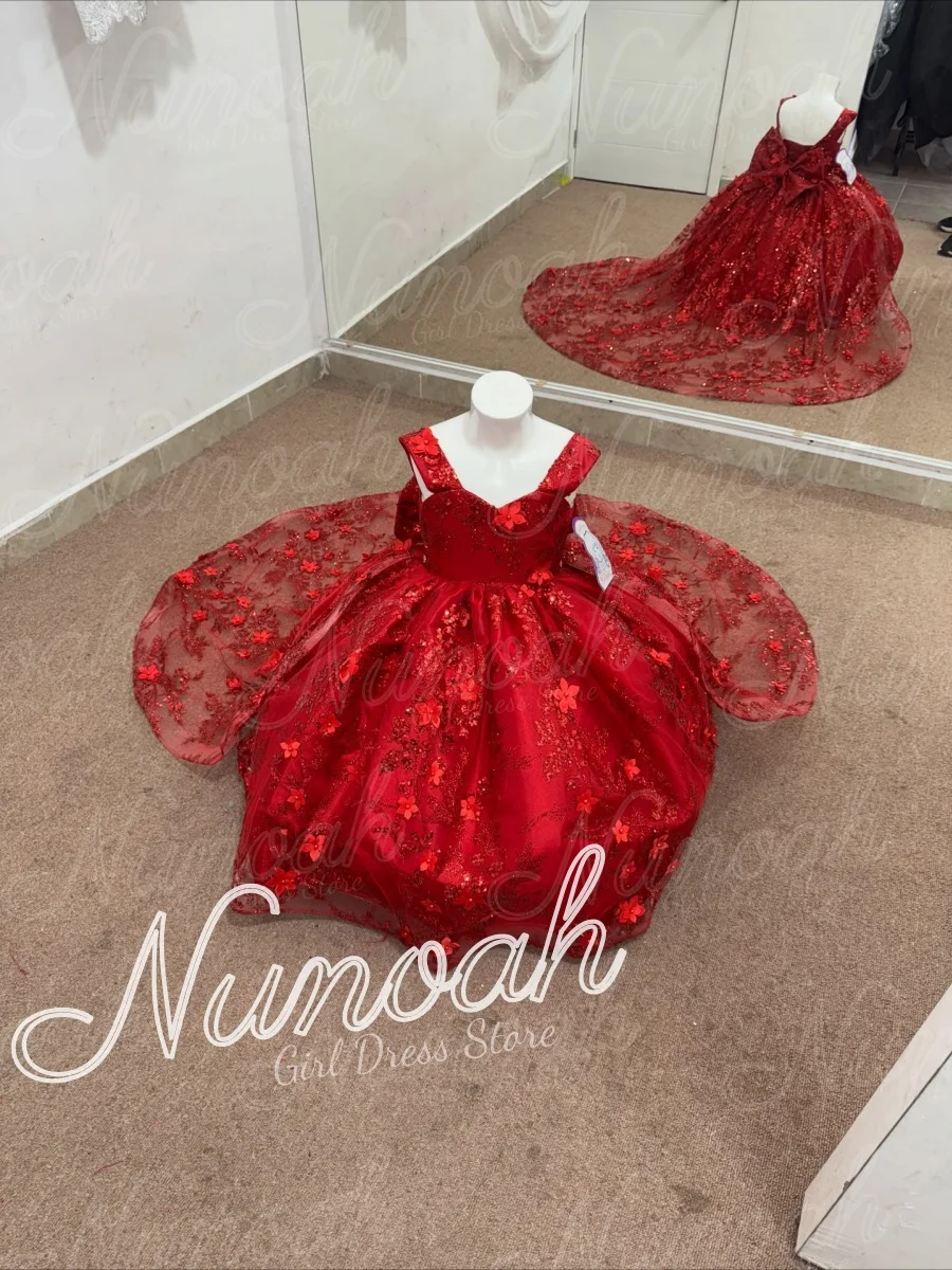 Princess Red Flower Girl Dress For Wedding Floral Lace Appliques Sleeveless Girl Birthday Party First Communion Gowns Customized