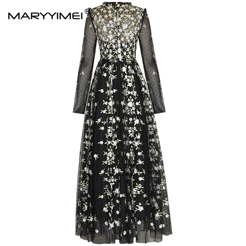 MARYYIMEI Fashion Designer dress Autumn Winter Women's Dress Long sleeve Flower Embroidery Mesh Black Vintage Party Dresses