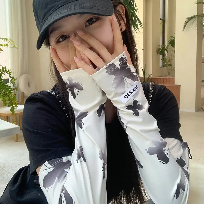 Women UV Protection Arm Sleeves Gradient Butterfly Ice Silk Sunscreen Sleeve Outdoor Riding Driving Sun Protection Arm Sleeves