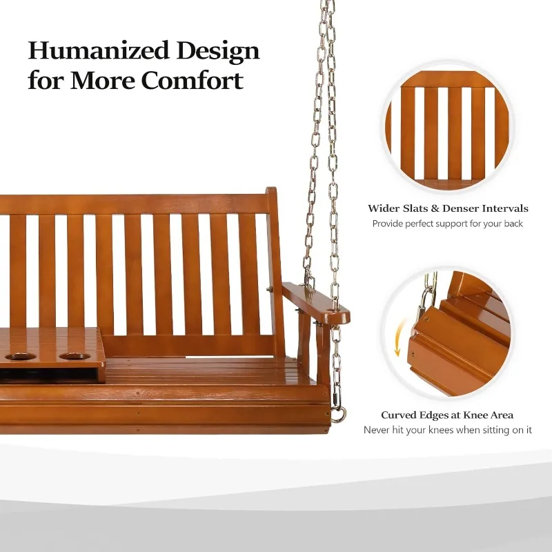 Heavy Duty 880 LBS Wooden Patio Porch Swing with Cup Holder,5 FT Well-Finished Outdoor Swing Chair Bench with Adjustable Chains