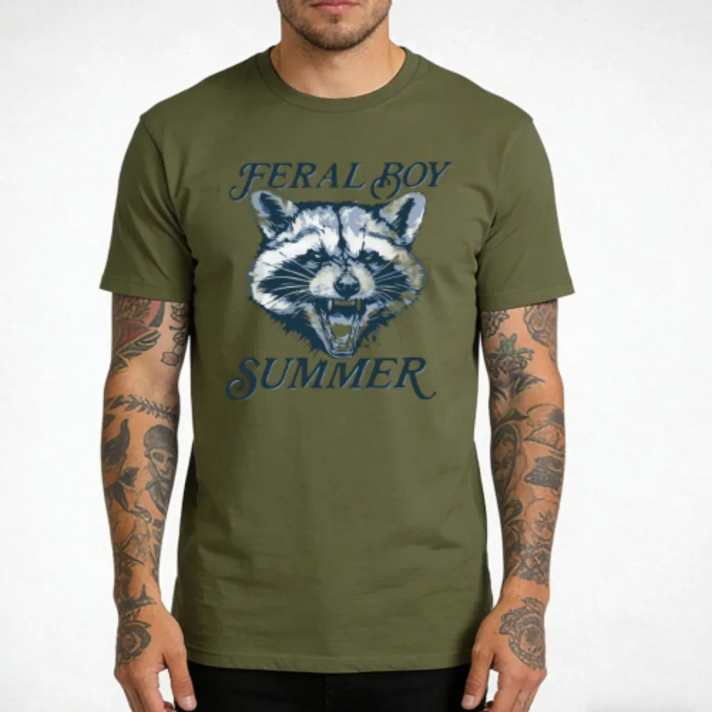 Feral Boy Summer Funny Raccoon Meme Trash Panda Raccoon T-Shirt Cool Raccoon Print Pattern Clothes Men Summer Short Sleeve Tees
