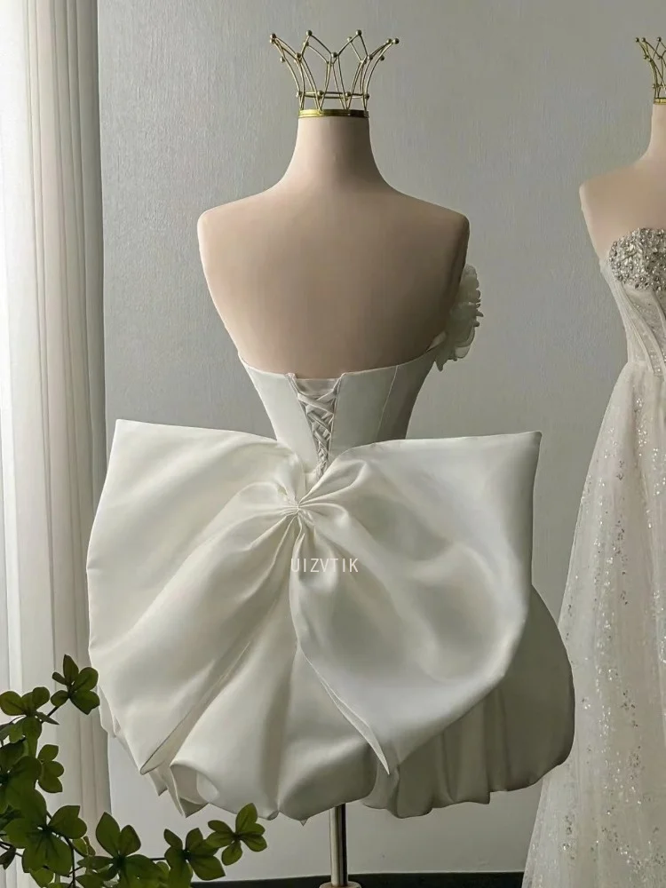 Luxury Strapless 3D Floral Satin Mini Wedding Dress Big Back Bow Corset Bridal Gown Sweetheart Puffy Short Prom Dress Customized