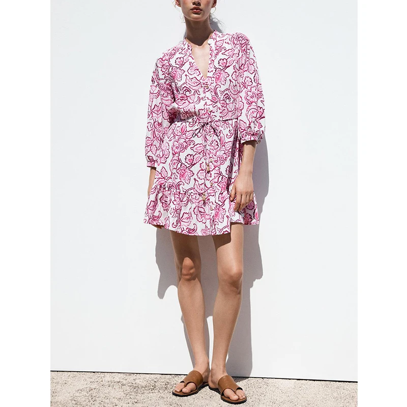 Verão novo feminino floral impressão v-ne dr bainha decorativa camadas casual sle fibra de poliéster ort sve saia linha a