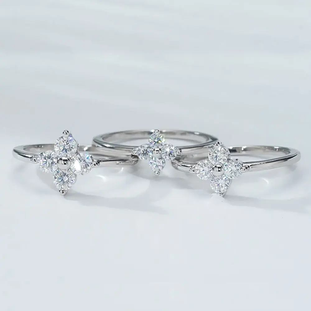 KNOBSPIN D Color Moissanite Four-leaf Clover Rings for Women 2.5/3/3.5mm Diamond Wedding Ring GRA s925 Sterling Silver Jewelry
