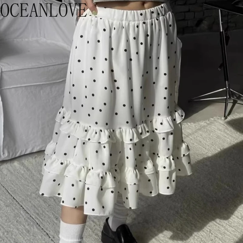 

OCEANLOVE Women Skirts Ruffles Sweet Spring Summer Polka Dot Retro Long Skirt Korean Fashion Elegant Chic Y2k Faldas Mujer