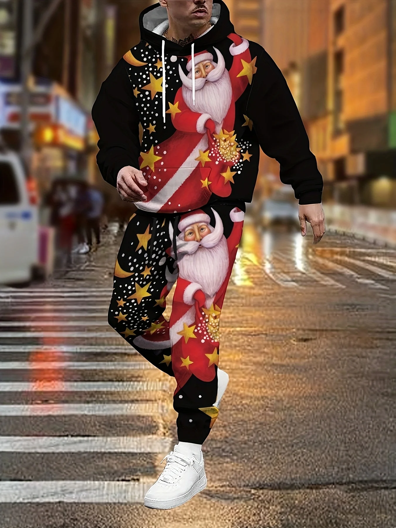 

Autumn Funny Santa Claus Pattern Men's Sweatshirts Suit 3D Christmas Elements Printed Men Hoodies+Sweatpants 2-piece Set Clothes