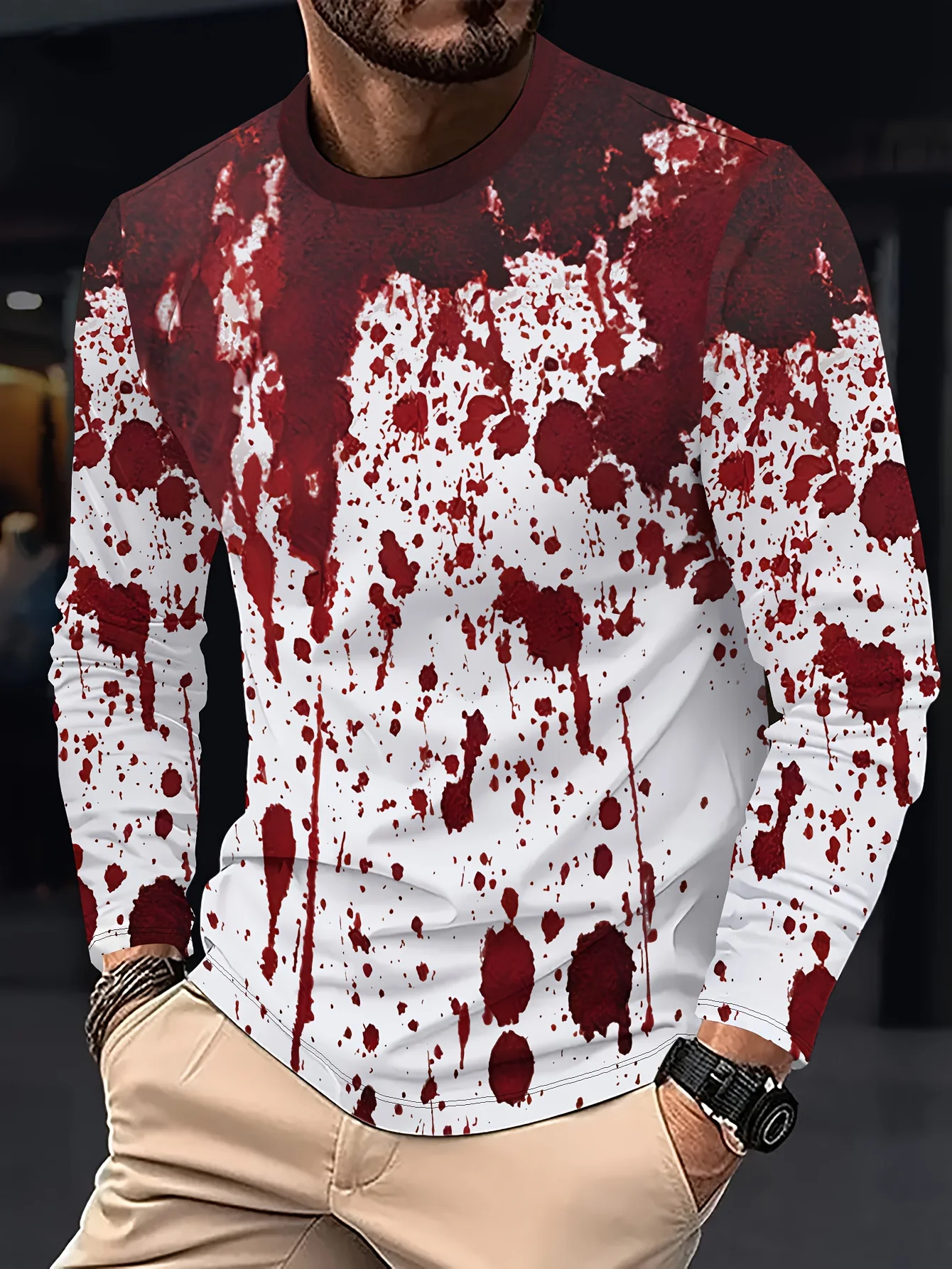 

​​2025 Men's Bloodstain Print Horror Tee Long Sleeve Round Neck Halloween Party Spring Autumn Loose Fit​