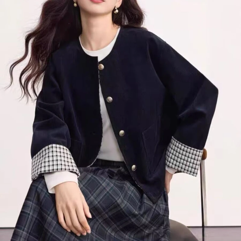 

Women's Autumn Retro Corduroy Round Neck Loose Fitting Plaid Spliced Jacket Stylish Slimming