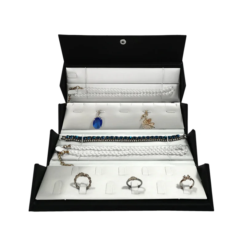 Portable Foldable Jewelry Storage Box Black Leather Outer and White Leather Inner Jewelry Box Rings Necklace Pendant Container