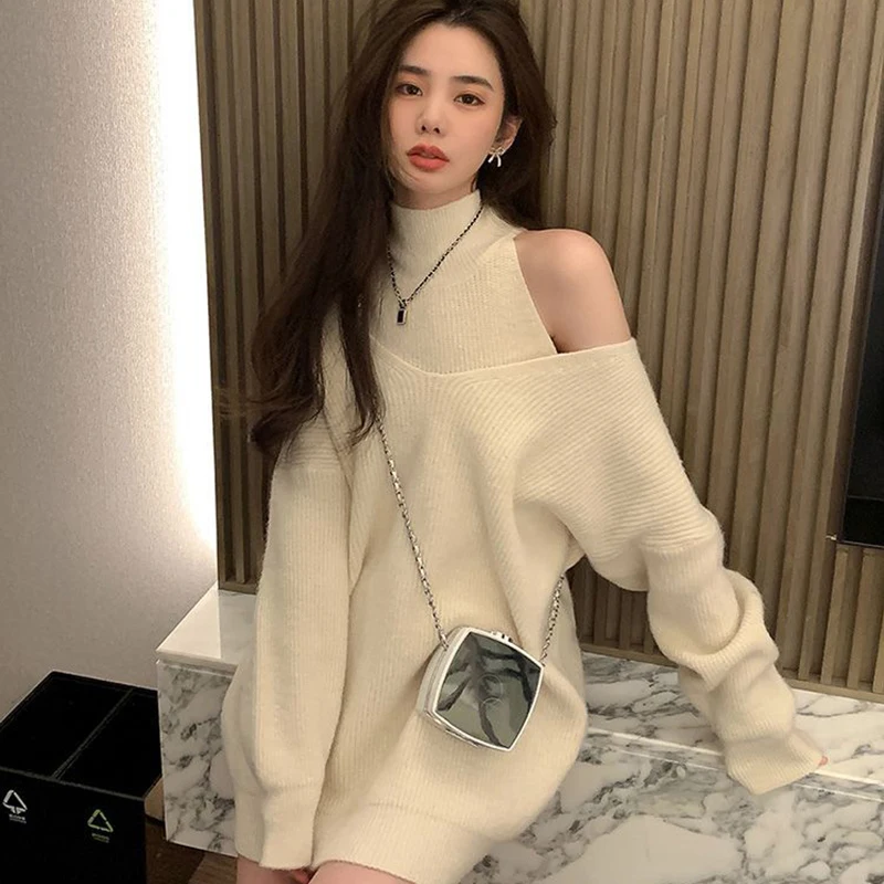 

Solid Color High Neck Knitted Two-piece Sweater Women's Thicken Warm Sweater 2023 Autumn Winter Simple Style Office Lady Sweater