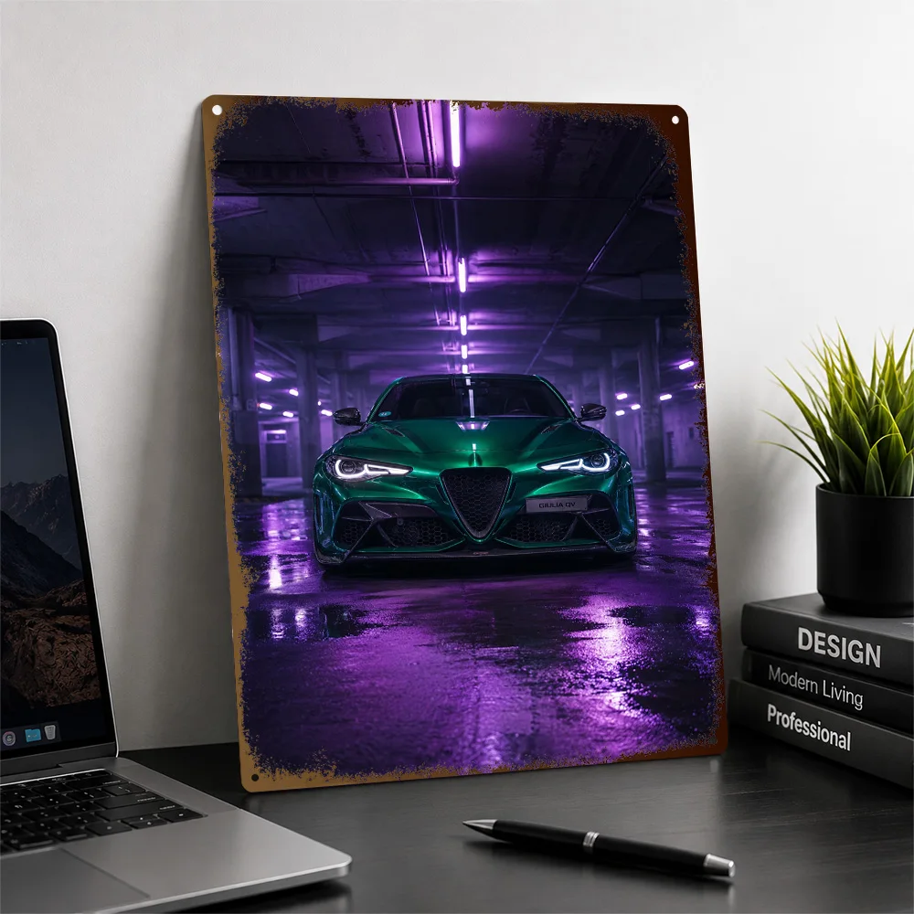 Italy Giulia Quadrifoglio Verde Montreal Sports Sedan Aluminum Poster Personalized Metal Sign Track Style Wall Art In Any Home