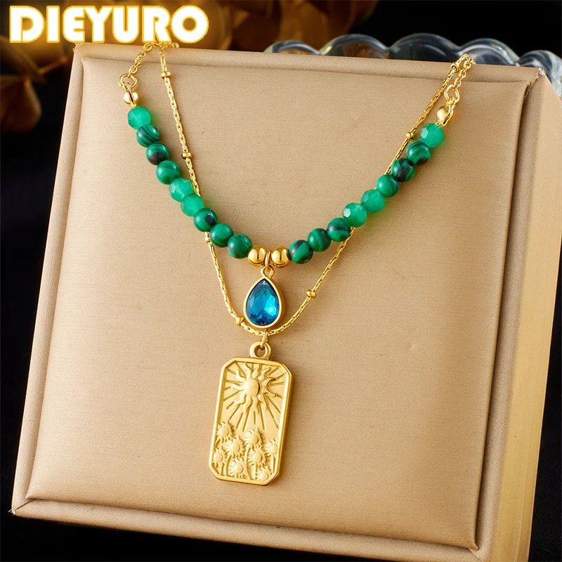 

DIEYURO 316L Stainless Steel Heart Zircon Sun Square Double layer Pendant Necklace For Women New Fashion Neck Chain Jewelry Gift