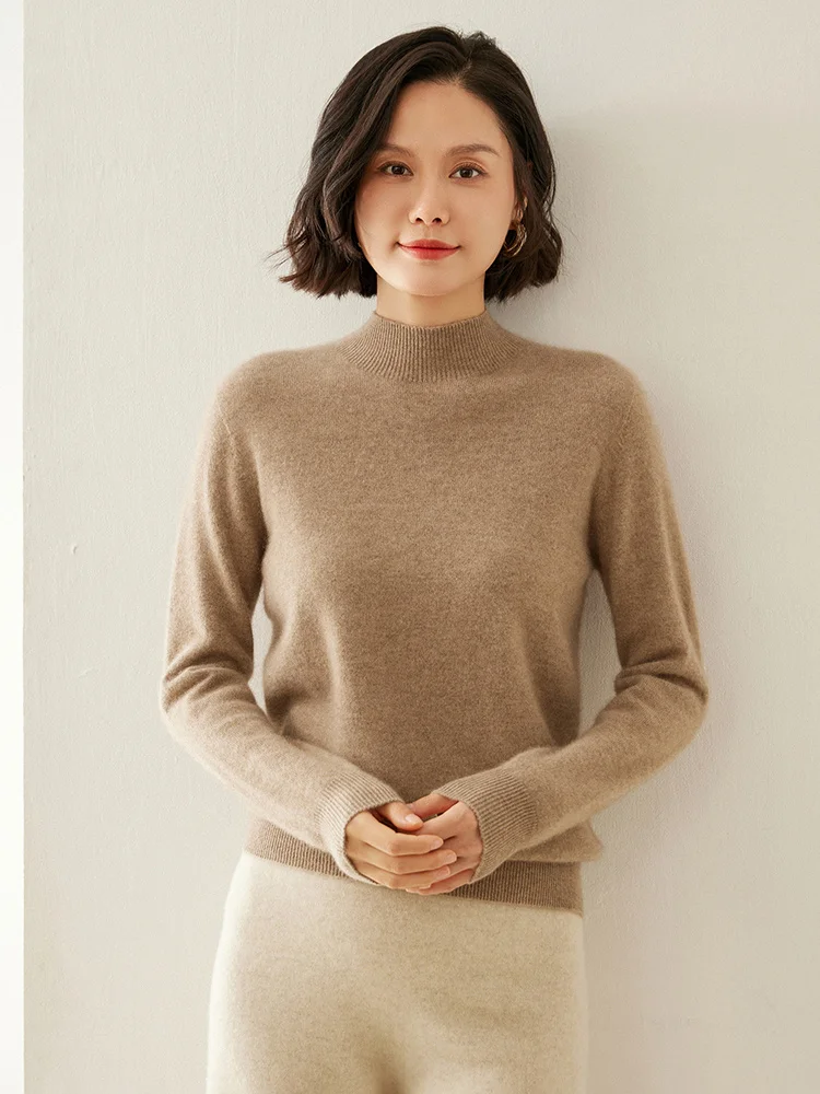 New Knit Womem's Cashmere Sweater Mock Neck Warm Pullover 100% Cashmere Knitwear For Winter Female Casual Basic Clothing Tops