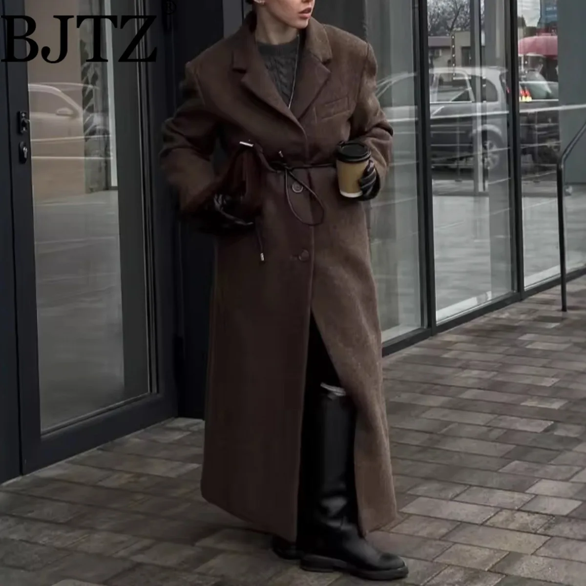 

BJTZ Women's Fashion Casual Turn-Down Collar Stylish Long Woolen Coat Jacket