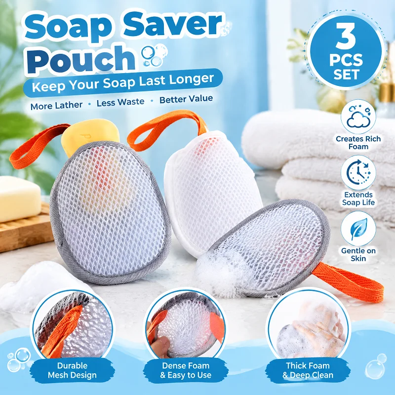 3Pcs Dual-Sided Soap Saver Pouch, Soap Sponge Net for Bath Facial Lather, Body and Face Cleanser