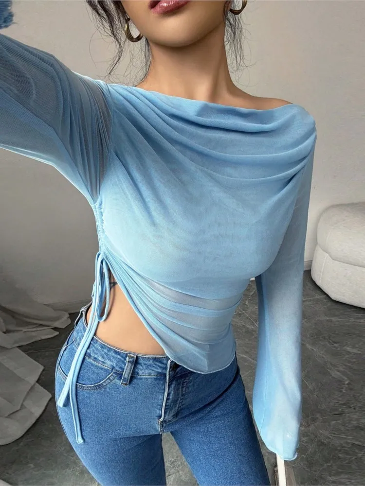 

Женский элегантный сетчатый топ нестандартной формы, простой стиль, однотонный, универсальный, повседневный, темпераментный, модный, с длинными рукавами